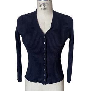 ROUCHA Navy Blue 100% Wool Ribbed Cardigan Sweater Size Large
